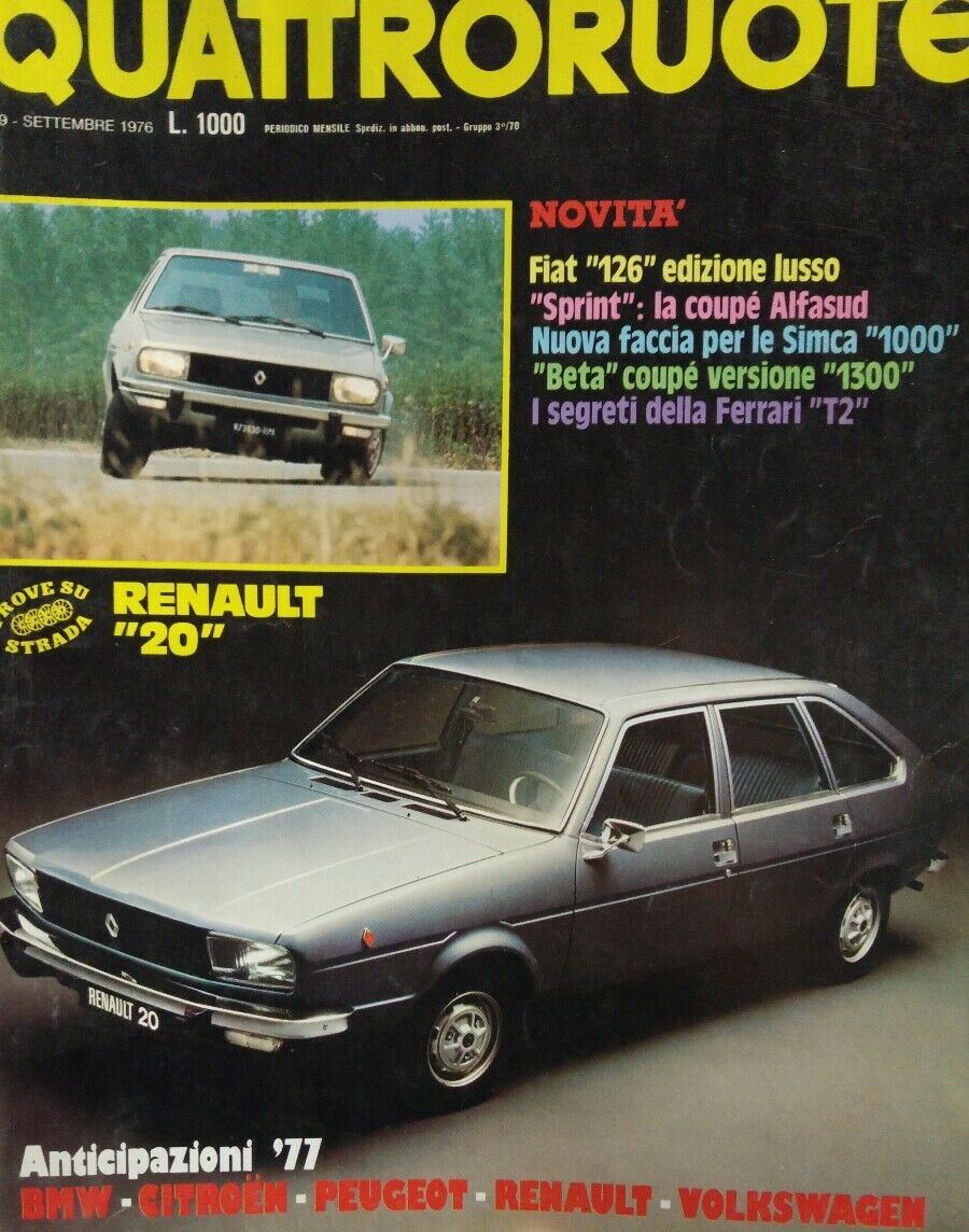 QUATTRORUOTE SETTEMBRE 1976 RENAULT 20