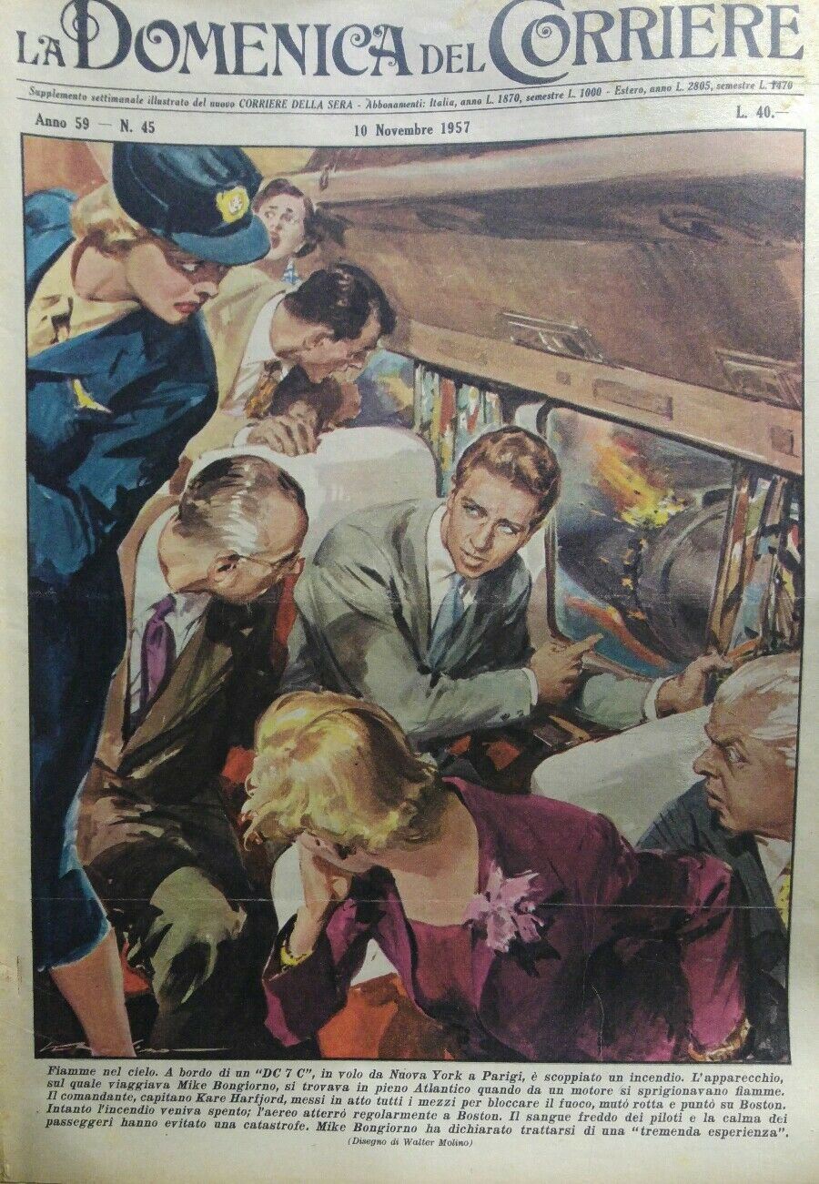 LA DOMENICA DEL CORRIERE N.45 1957 INCENDIO SUL VOLO DI MIKE BONGIORNO