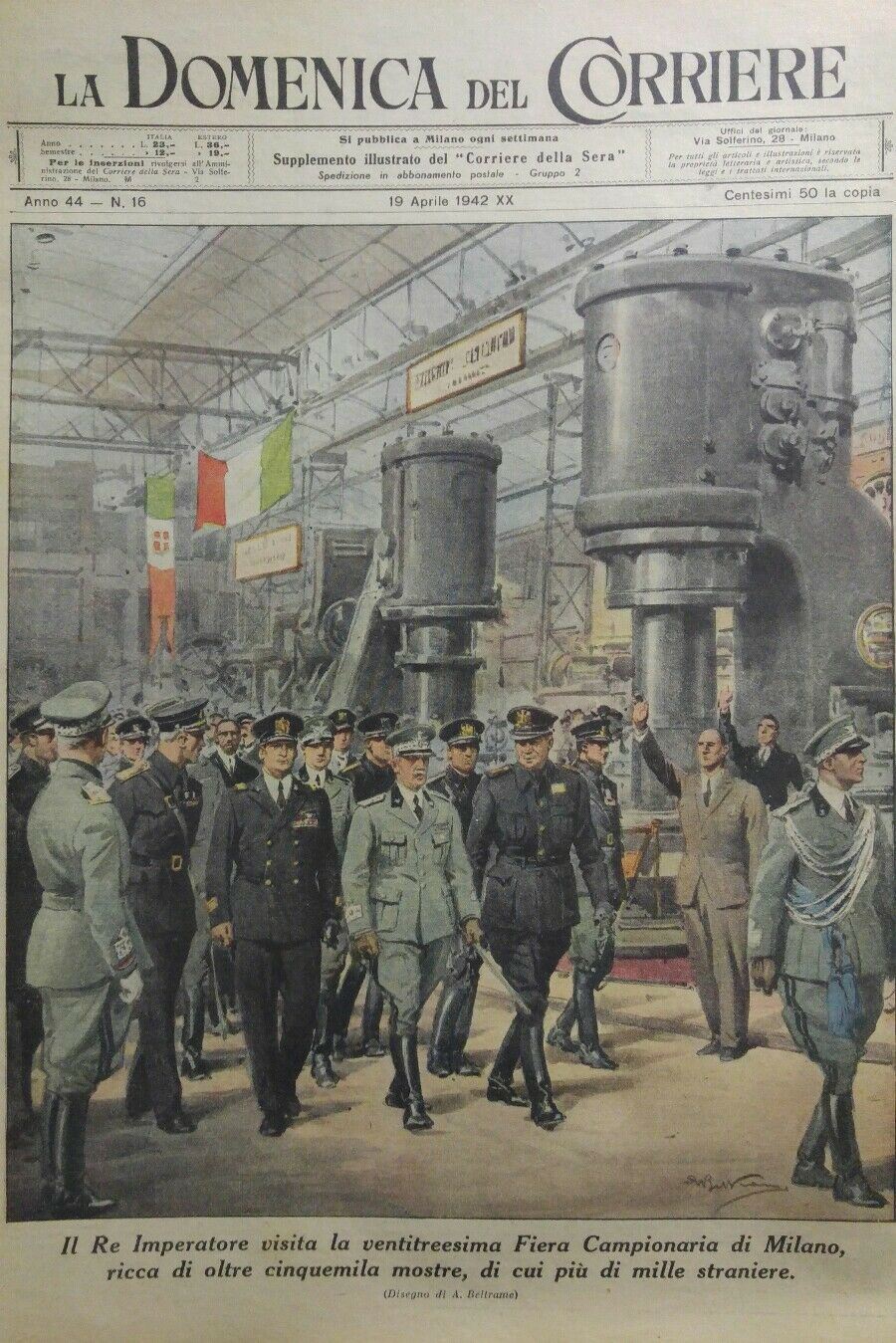 LA DOMENICA DEL CORRIERE N.16 1942 IL RE ALLA FIERA DI MILANO