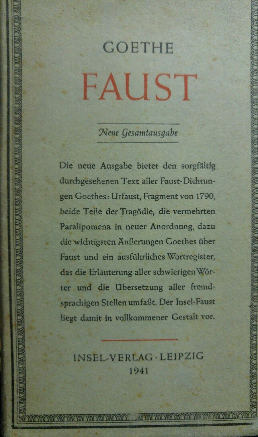 FAUST GOETHE NEUE GESAMTAUSGABE 1941