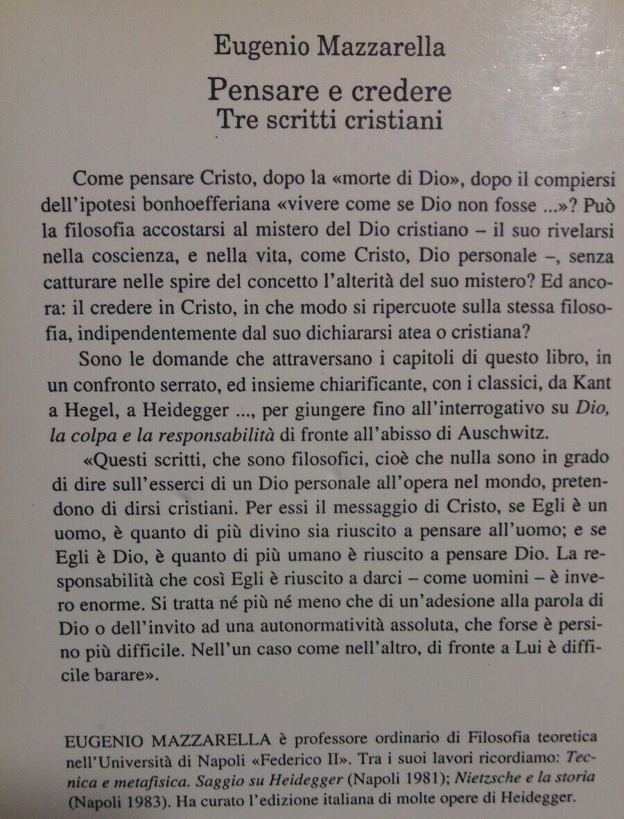 PENSARE E CREDERE TRE SCRITTI CRISTIANI E. Mazzarella AE146
