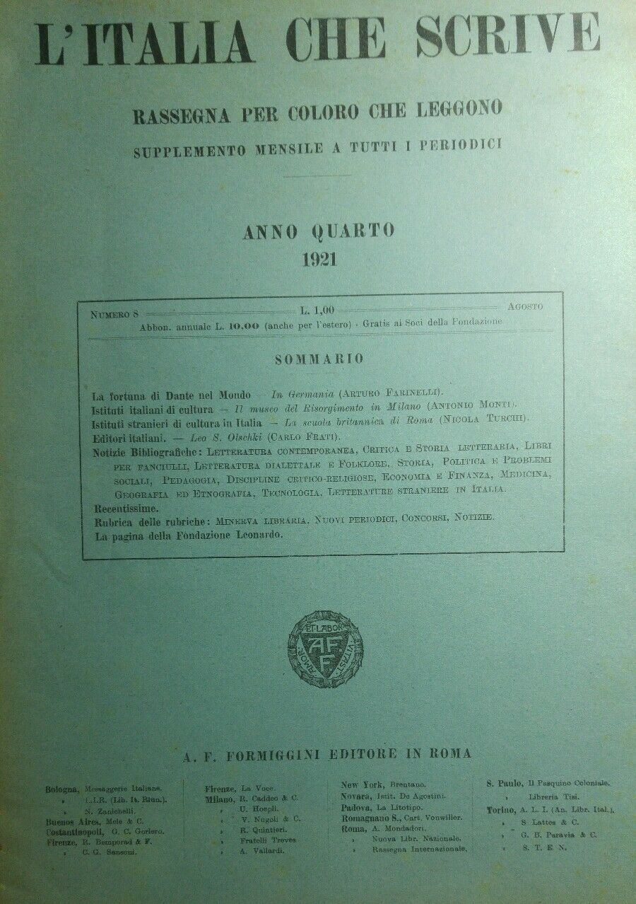 L'ITALIA CHE SCRIVE AGOSTO 1921