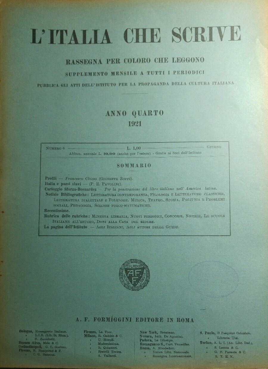 L'ITALIA CHE SCRIVE GIUGNO 1921