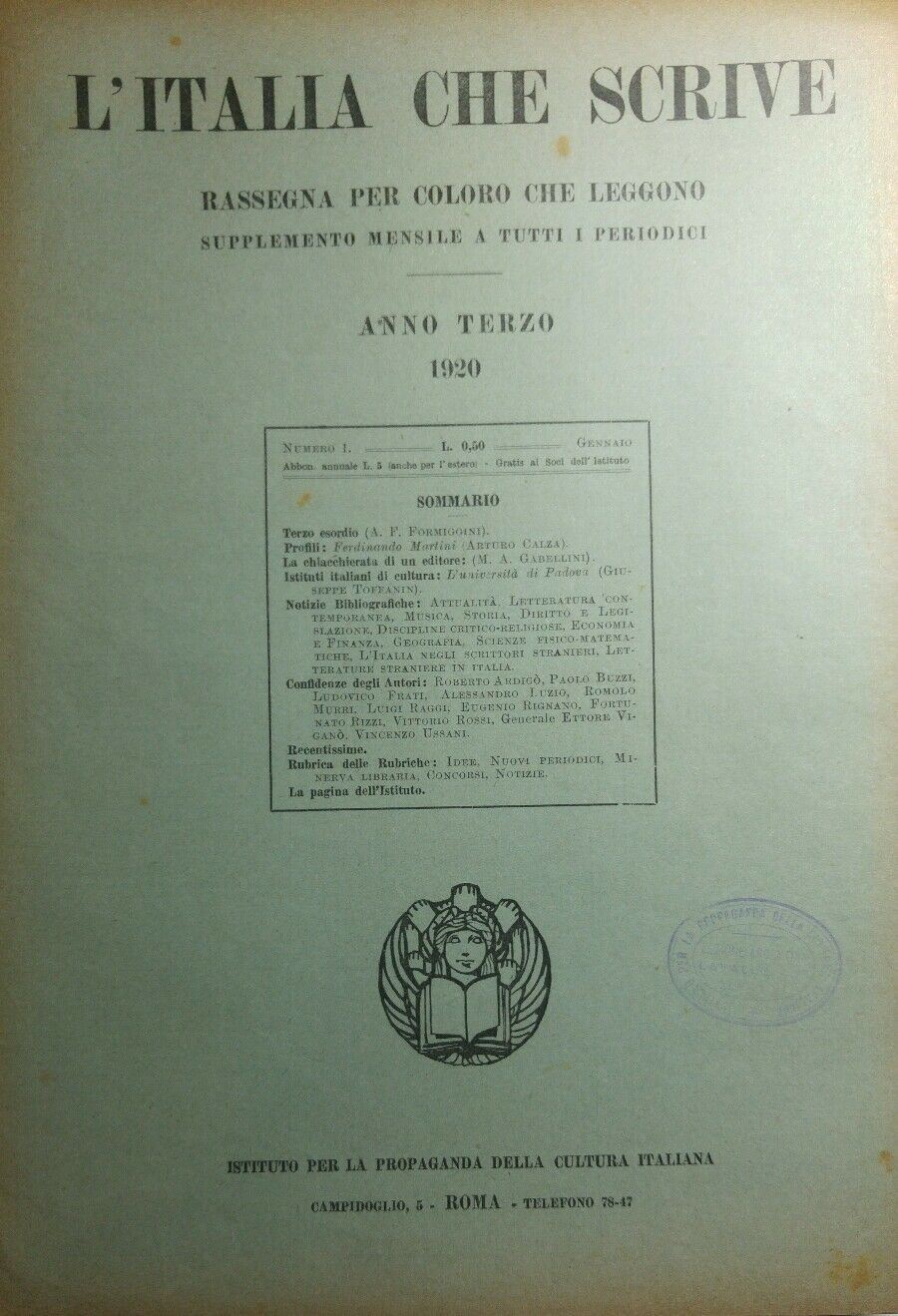 L'ITALIA CHE SCRIVE GENNAIO 1920