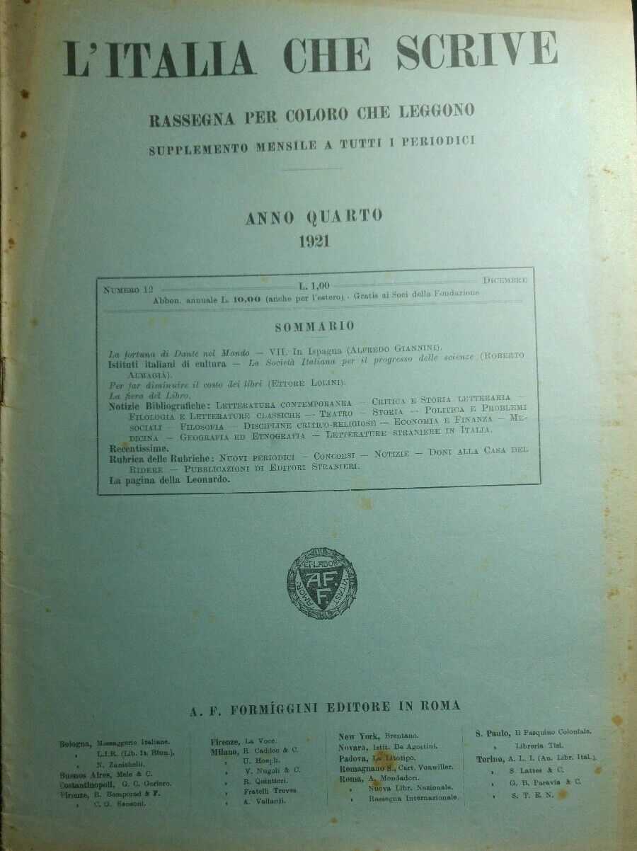 L'ITALIA CHE SCRIVE DICEMBRE 1921