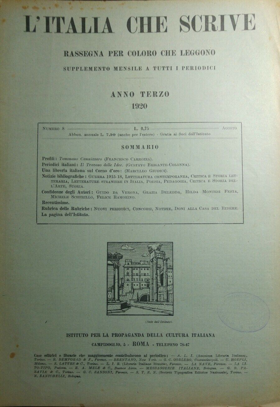 L'ITALIA CHE SCRIVE AGOSTO 1920