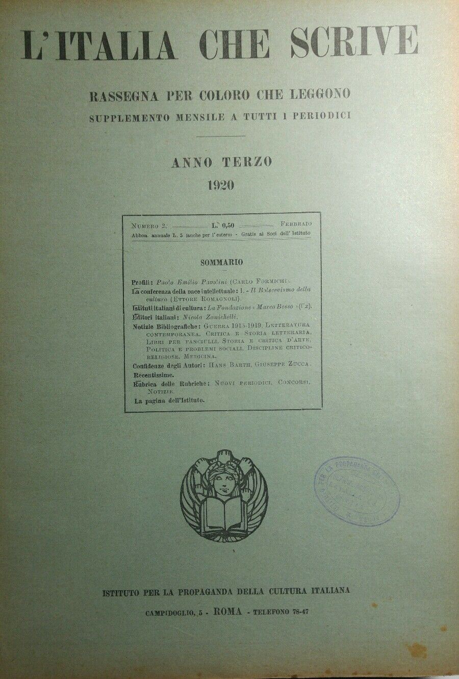 L'ITALIA CHE SCRIVE FEBBRAIO 1920