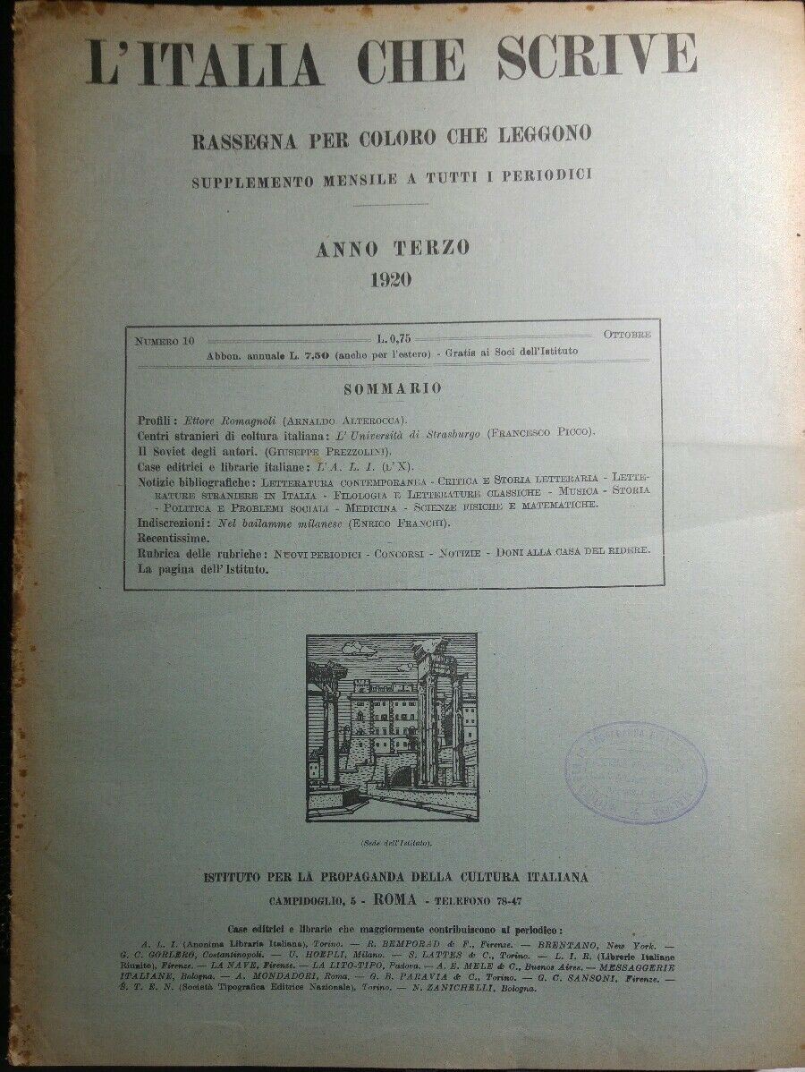 L'ITALIA CHE SCRIVE OTTOBRE 1920