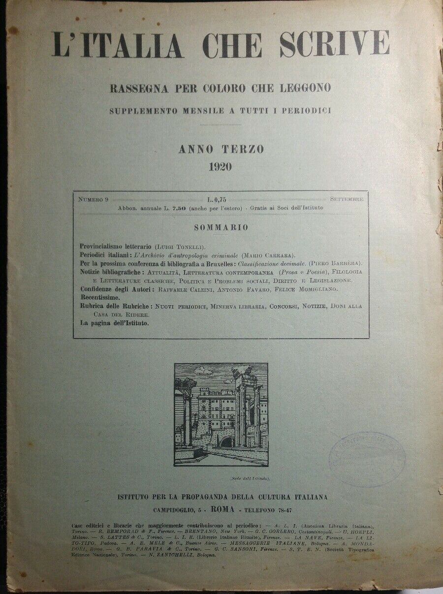L'ITALIA CHE SCRIVE SETTEMBRE 1920