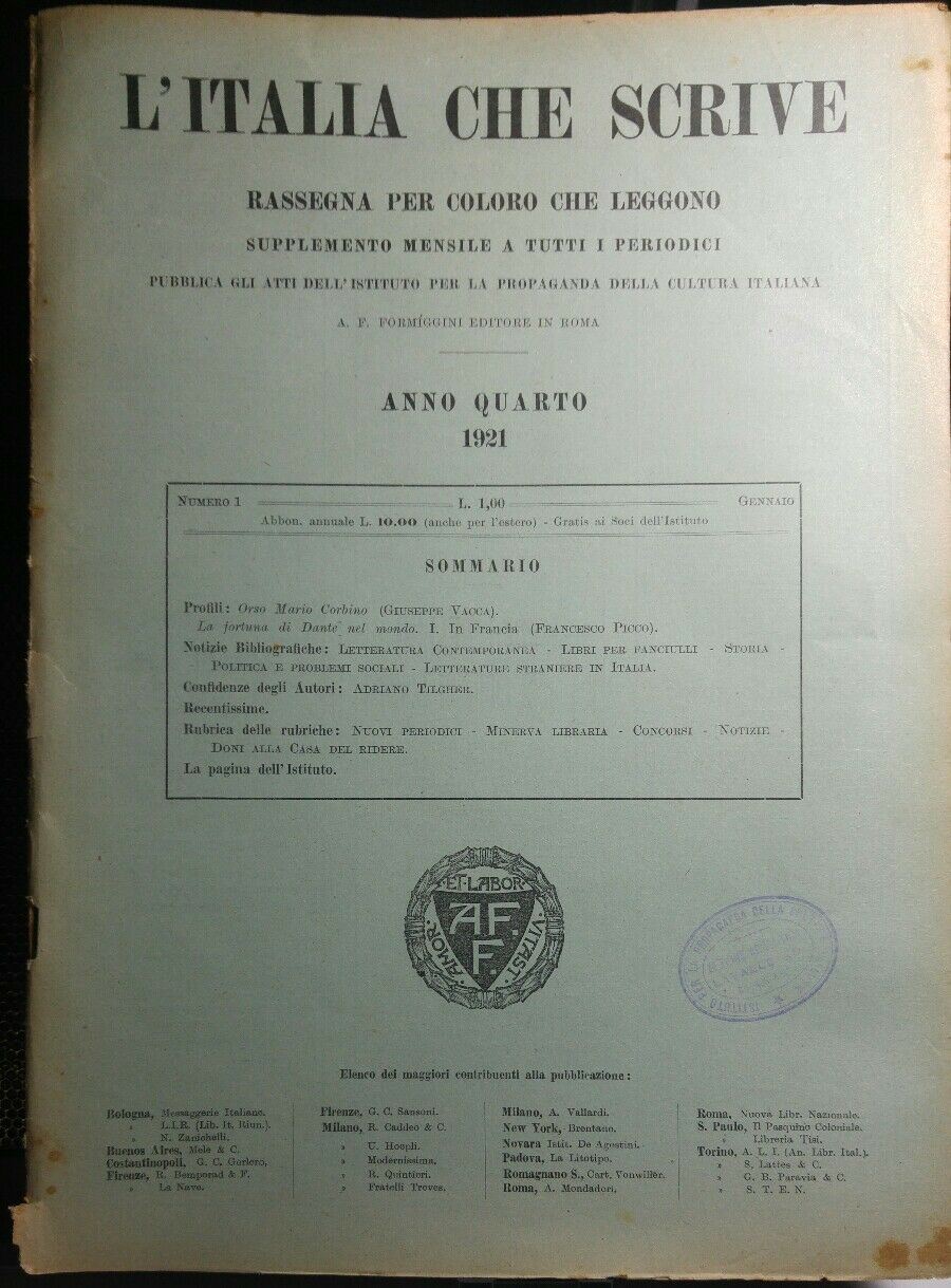 L'ITALIA CHE SCRIVE GENNAIO 1921
