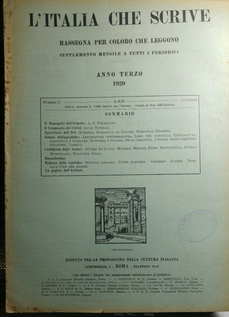 L'ITALIA CHE SCRIVE NOVEMBRE 1920