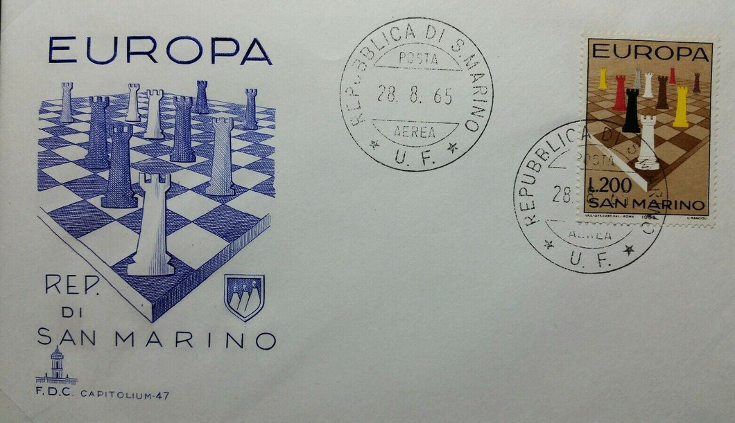 SAN MARINO BUSTA FDC EUROPA CEPT 1965 CAPITOLIUM BLU POSTA AEREA RB03