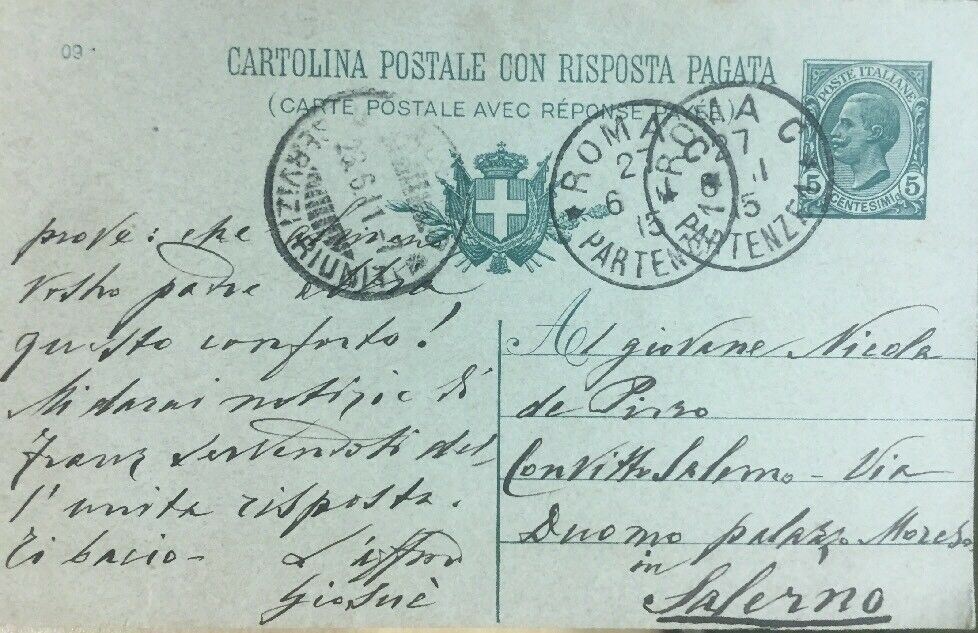 CARTOLINA POSTALE 5 CENT. CON RISPOSTA PAGATA 1911 CC04