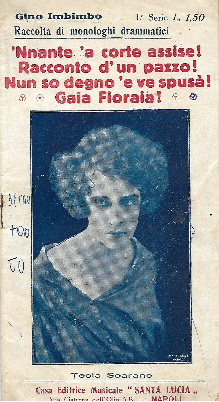 RACCOLTA DI MONOLOGHI DRAMMATICI GIANNI IMBIMBO SANTA LUCIA 1924  RD01