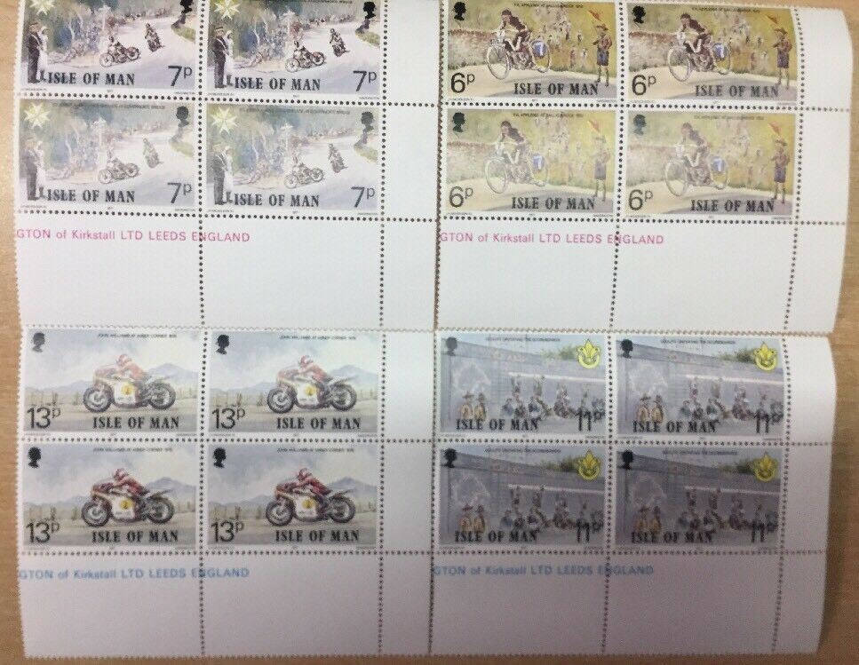 1977 ISOLA DI MAN MOTOCICLISMO QUARTINE ANGOLO DI FOGLIO MNH** RF05