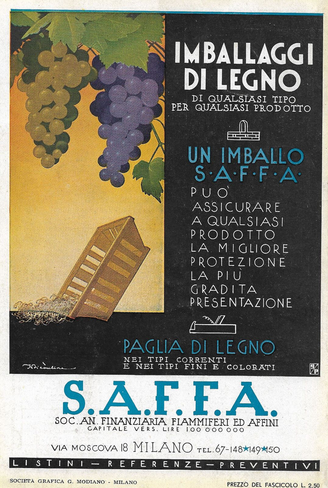 PUBBLICITA' ADVERTISING SAFFA IMBALLAGGI 1936 PU02