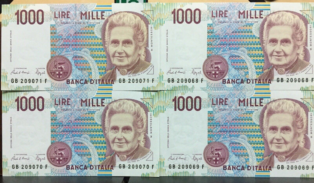 BANCONOTE 4x Lire 1000 MONTESSORI Consecutive FDS  BAN01