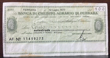 Carica l&#39;immagine nel visualizzatore di Gallery, MINIASSEGNO LIRE 100 BANCA DI CREDITO AGRARIO DI FERRARA 1977 BAN01
