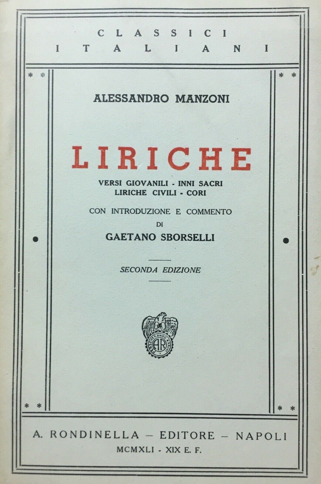LIRICHE A. MANZONI A CURA DI G. SBORSELLI U99