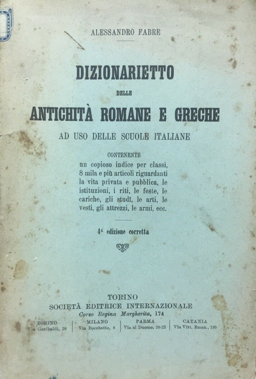 DIZIONARIETTO DELLE ANTICHITÀ ROMANE E GRECHE A. FABRE U130