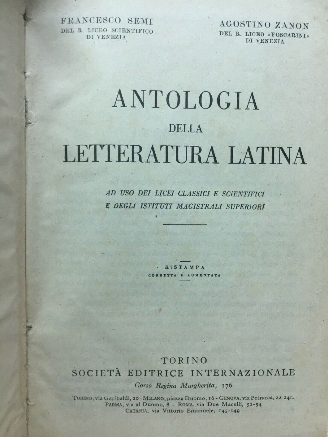 ANTOLOGIA DELLA LETTERATURA LATINA F SEMI A. ZANON U137