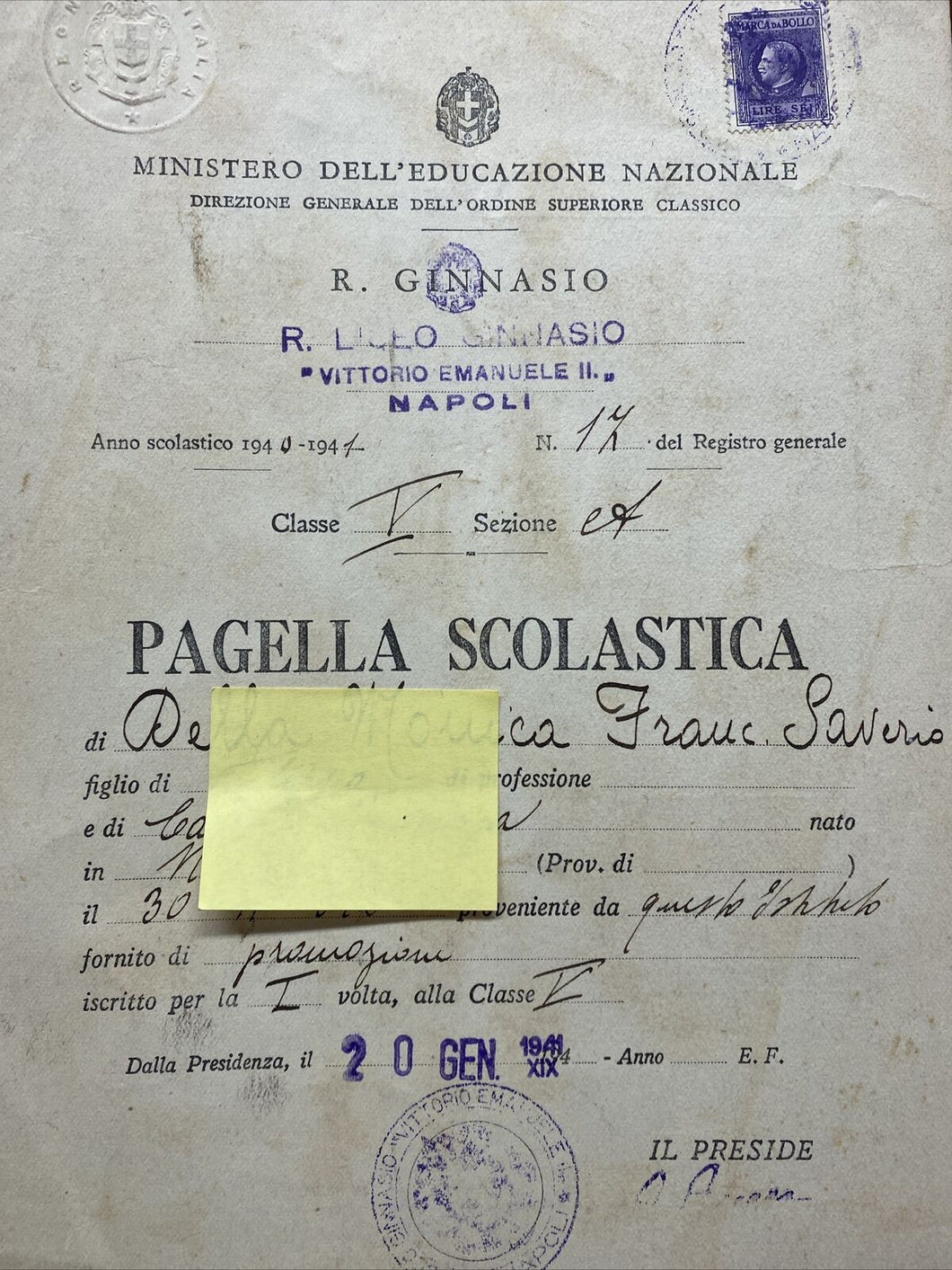 PAGELLA SCOLASTICA GINNASIO VITTORIO EMANUELE II NAPOLI 1941 BA286