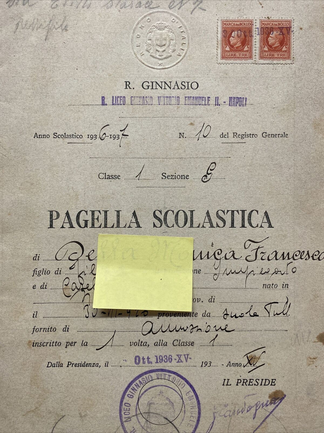 PAGELLA SCOLASTICA GINNASIO VITTORIO EMANUELE II NAPOLI 1936 BA287